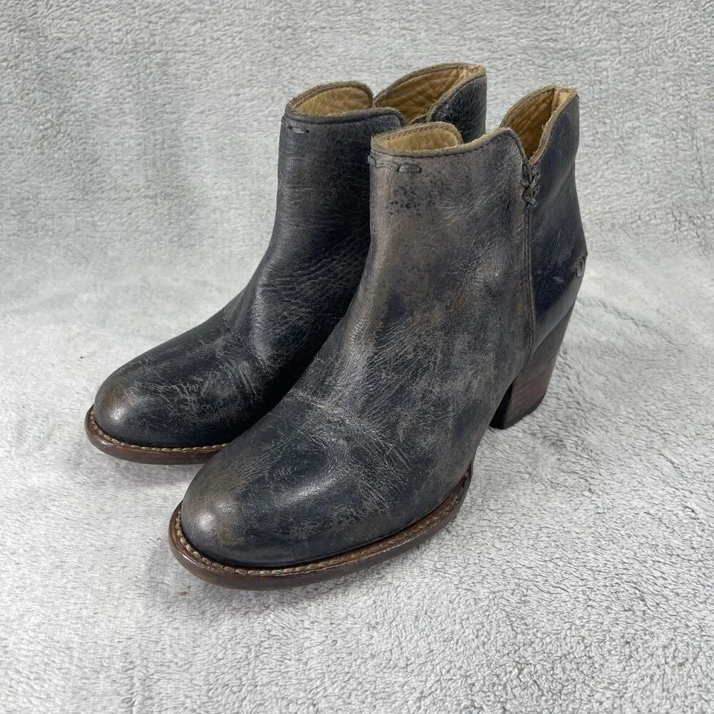 BED STU Yell Boots Women 7.5 Black Distressed Leather Ankle Bootie‎ Block Heel